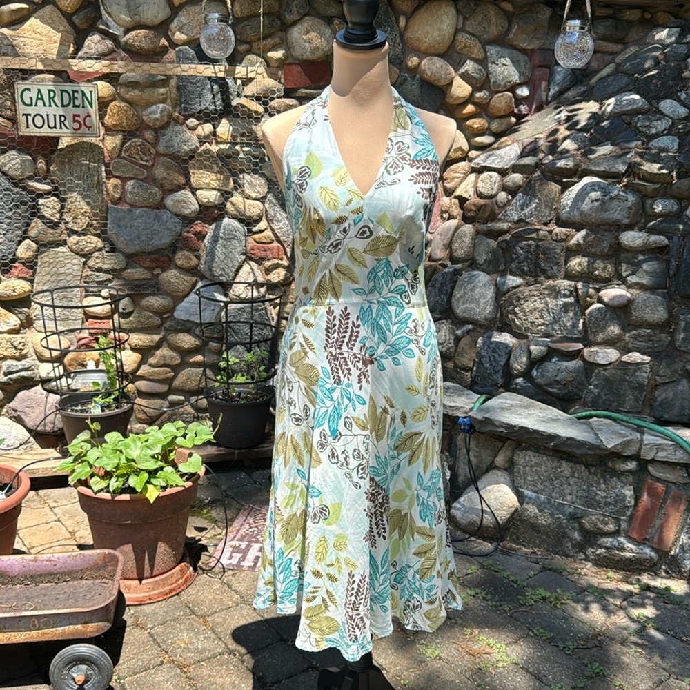 LOFT Blues Greens & Brown Retro Tuscan Halter 100% Silk Satin Slip Dres Size 6